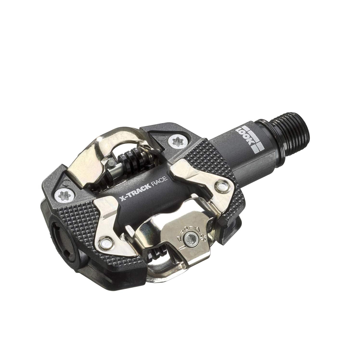 Look X-Track Race MTB pedals with SPD compatibility, adjustable tension, and mud-shedding design for mountain biking components.