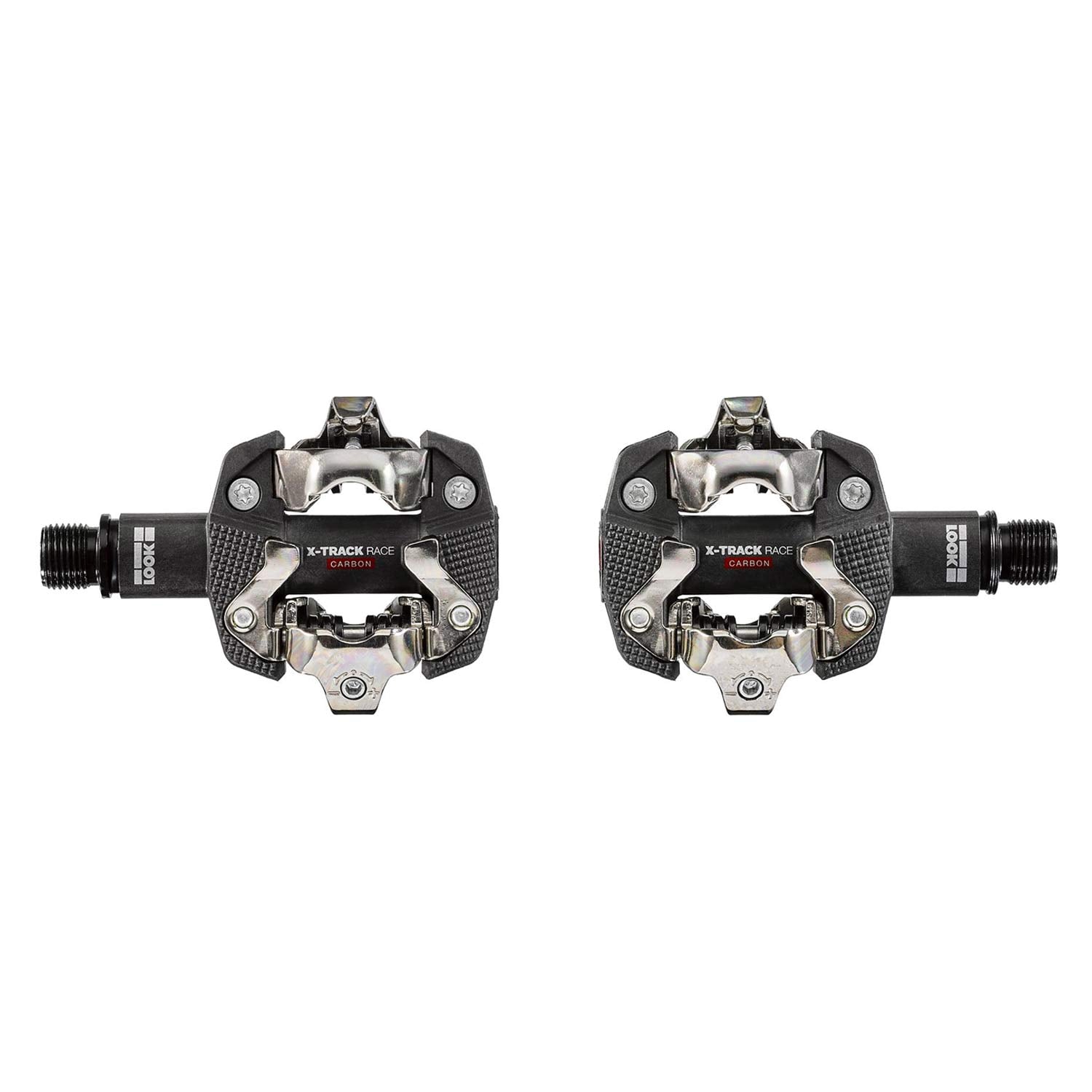 Look X-Track Race Carbon MTB pedals with SPD clipless mechanism and 60mm platform, shown with sleek black design and cleats attached.