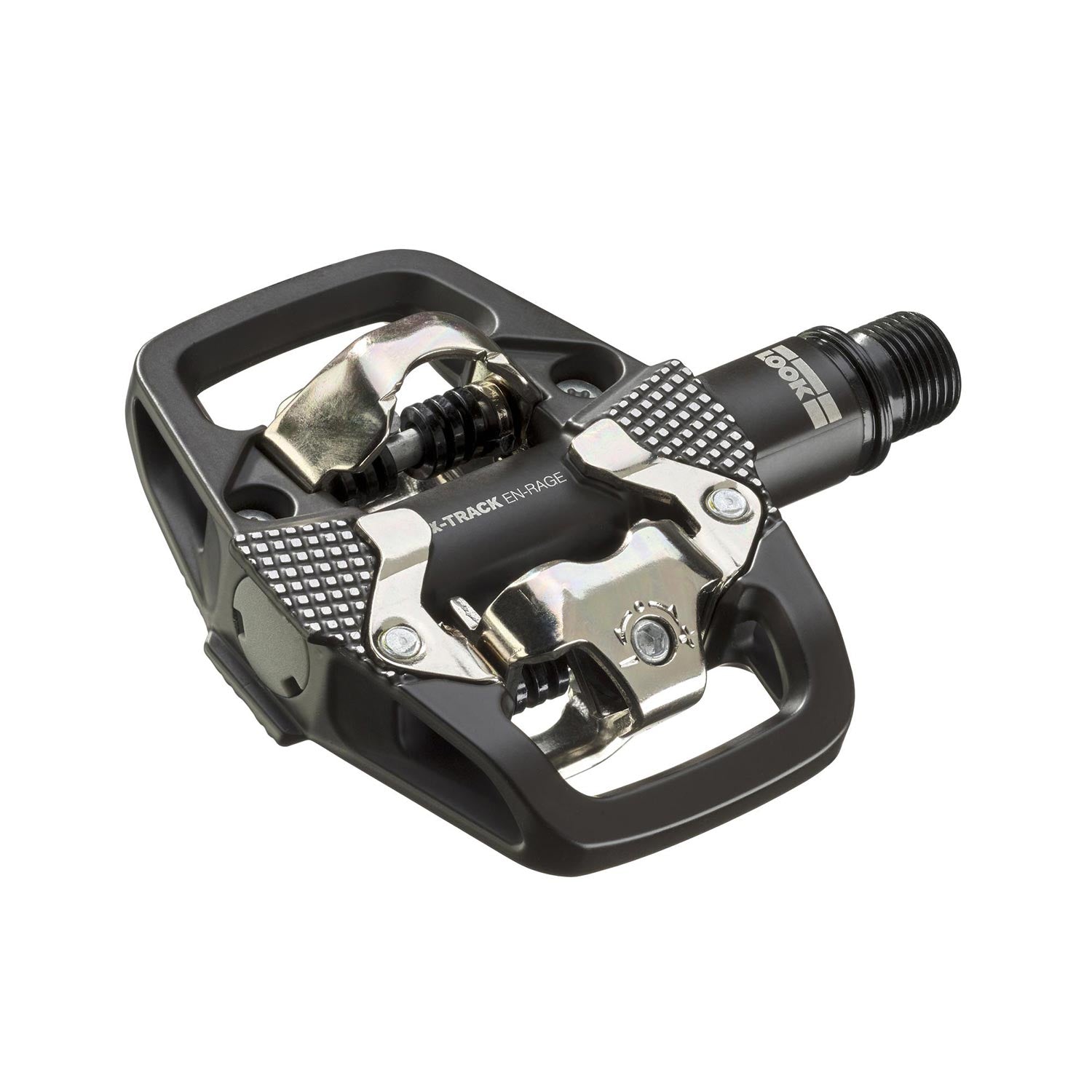 Look X-Track EN-Rage SPD-compatible mountain bike pedals for aggressive MTB riding, showing black pedals with metal clips.