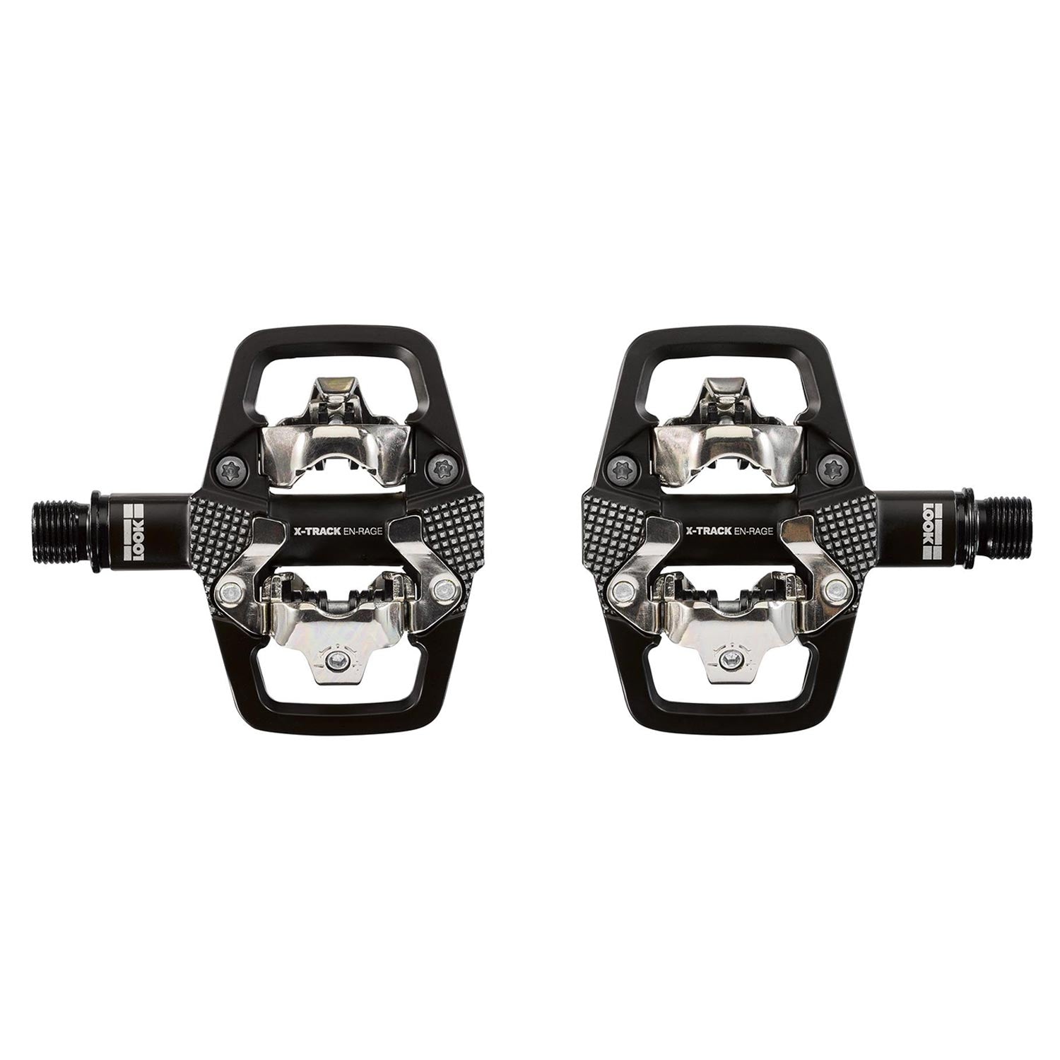 Look X-Track EN-Rage SPD-compatible mountain bike pedals for aggressive MTB riding, showing rugged pedal design and clip-in mechanism.