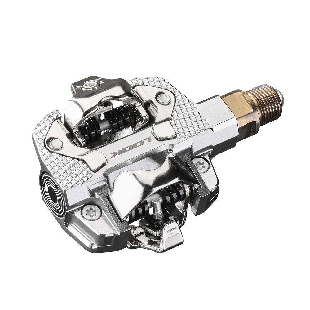 Look X-Track Power Dual Pedals with integrated power meter, SPD compatible, Bluetooth and ANT+ connectivity, cycling components.