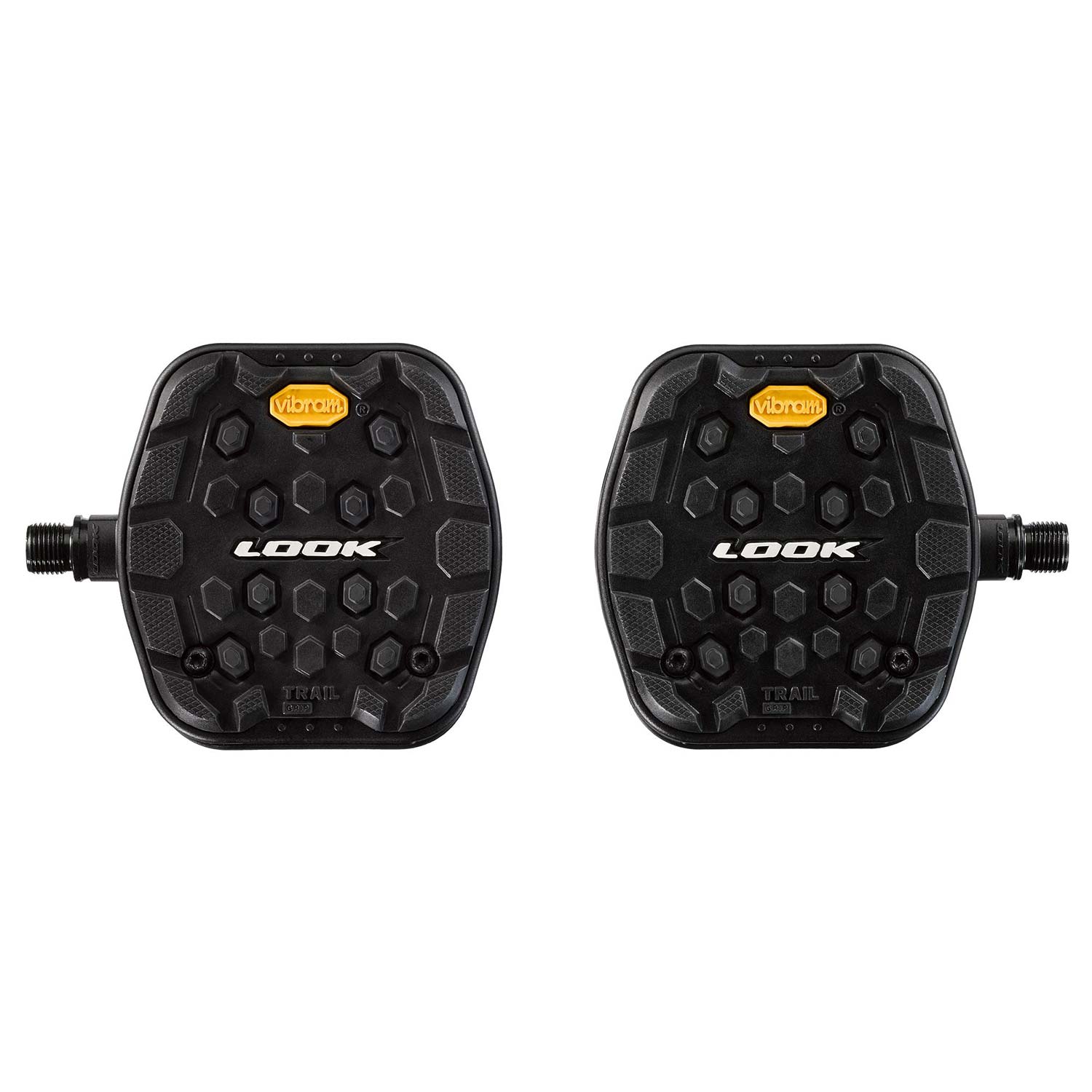Look Trail Grip Flat Pedals with Vibram technology for mountain biking, showing textured pedal surface and durable component design.