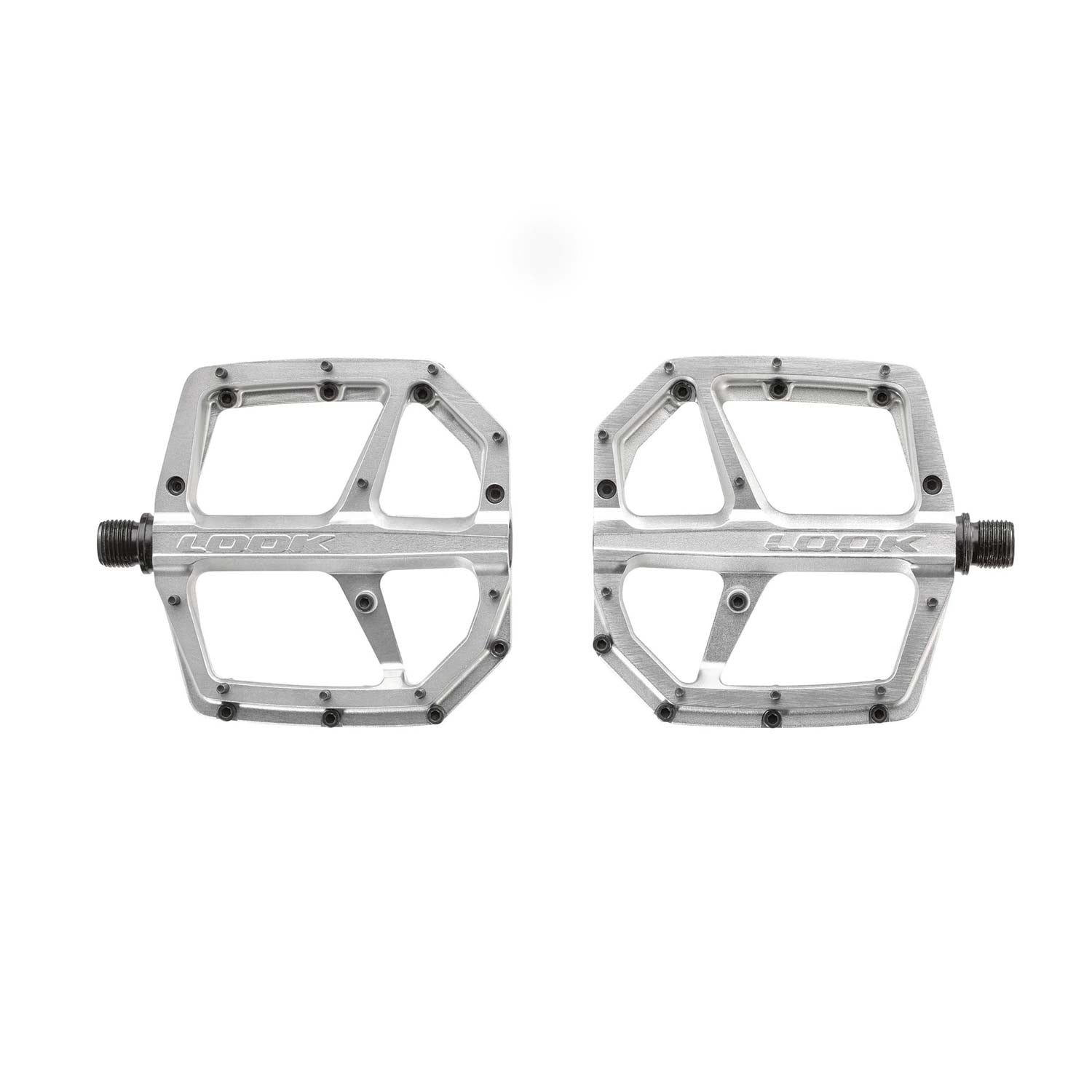 Look Trail Roc Plus flat pedals with forged aluminum platform and adjustable pins, designed for durable mountain biking performance.