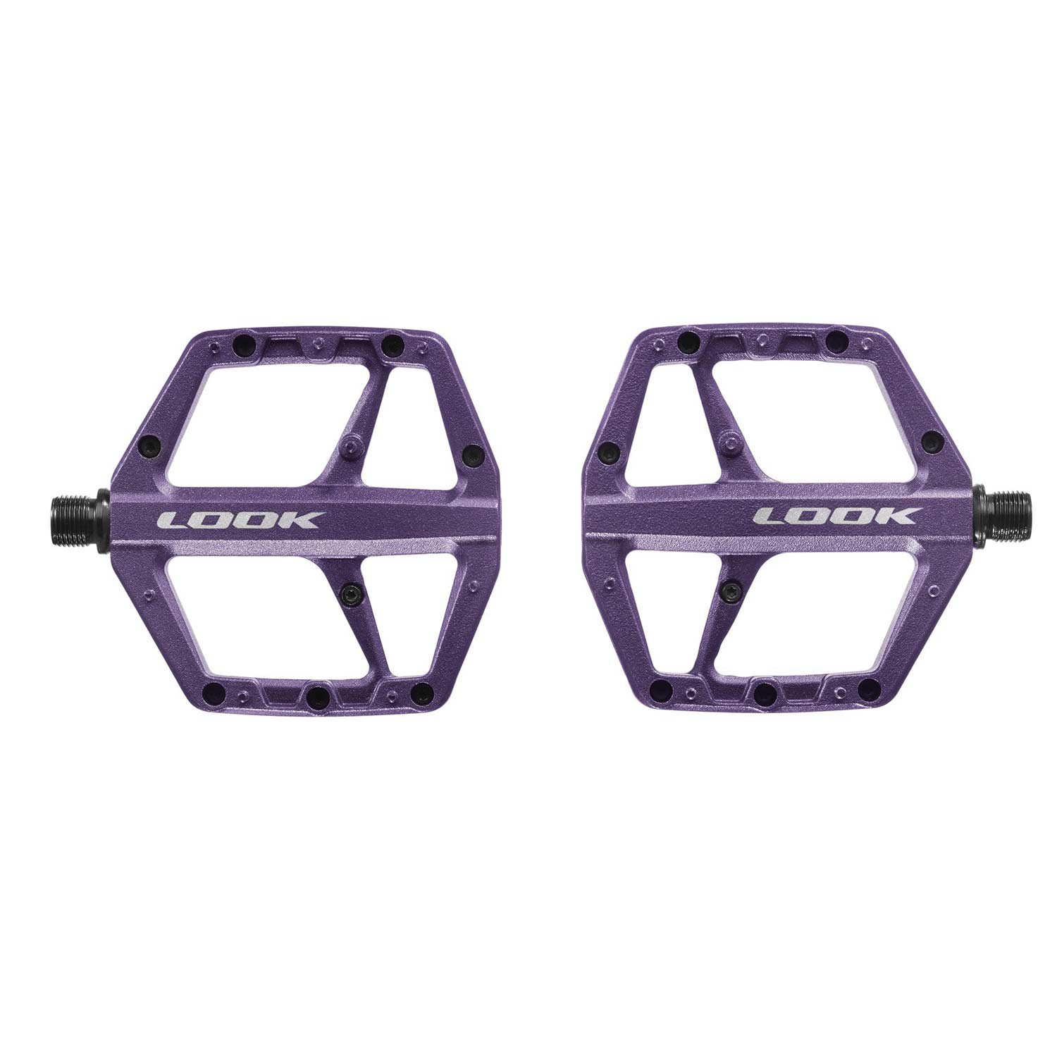 Look Trail Roc flat pedals with purple concave platform and traction pins, designed for mountain biking components.
