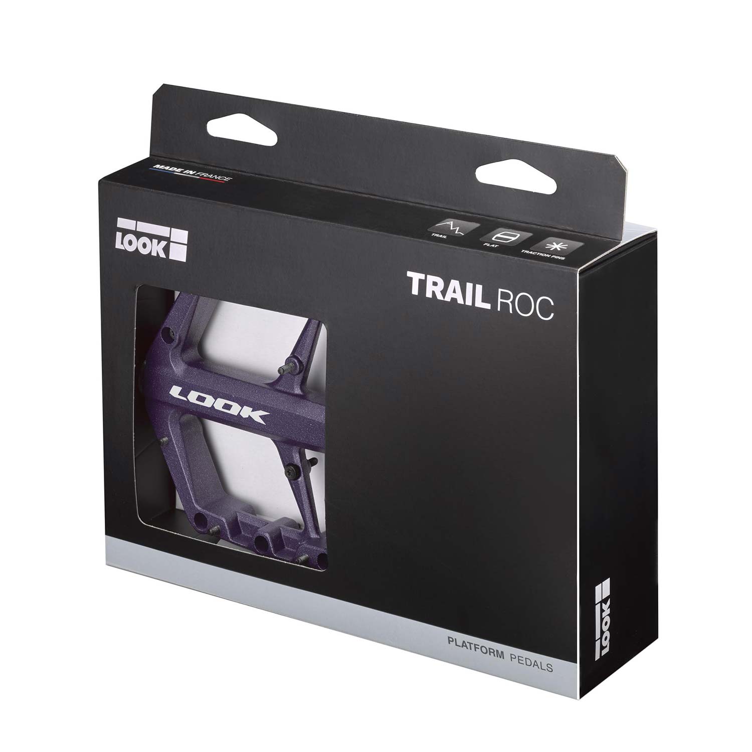 Look Trail Roc flat pedals with concave platform and traction pins in purple, designed for mountain biking components.