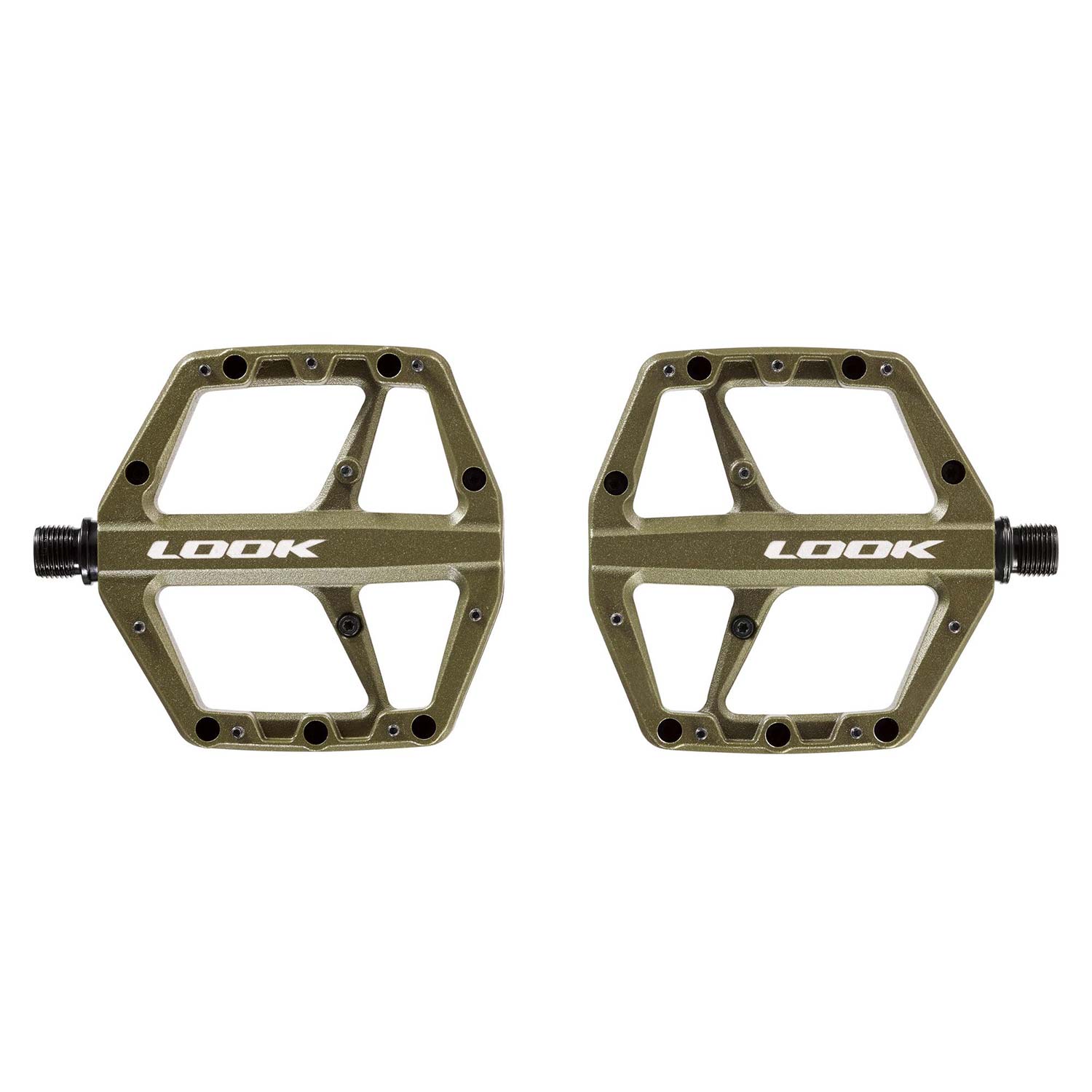 Look Trail Roc flat mountain bike pedals with traction pins, black aluminum components for off-road cycling.
