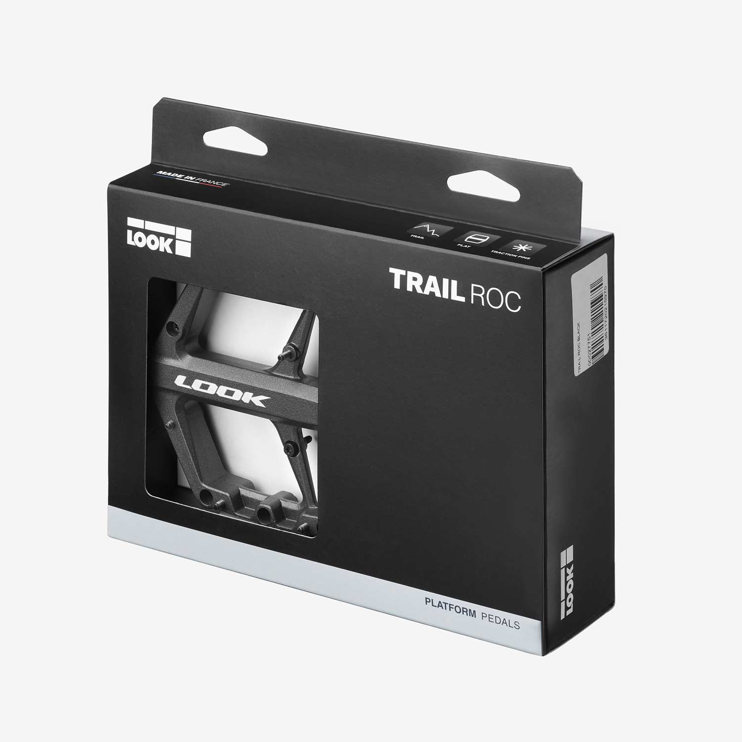 Look Trail Roc flat mountain bike pedals with traction pins, durable components designed for secure grip and performance.