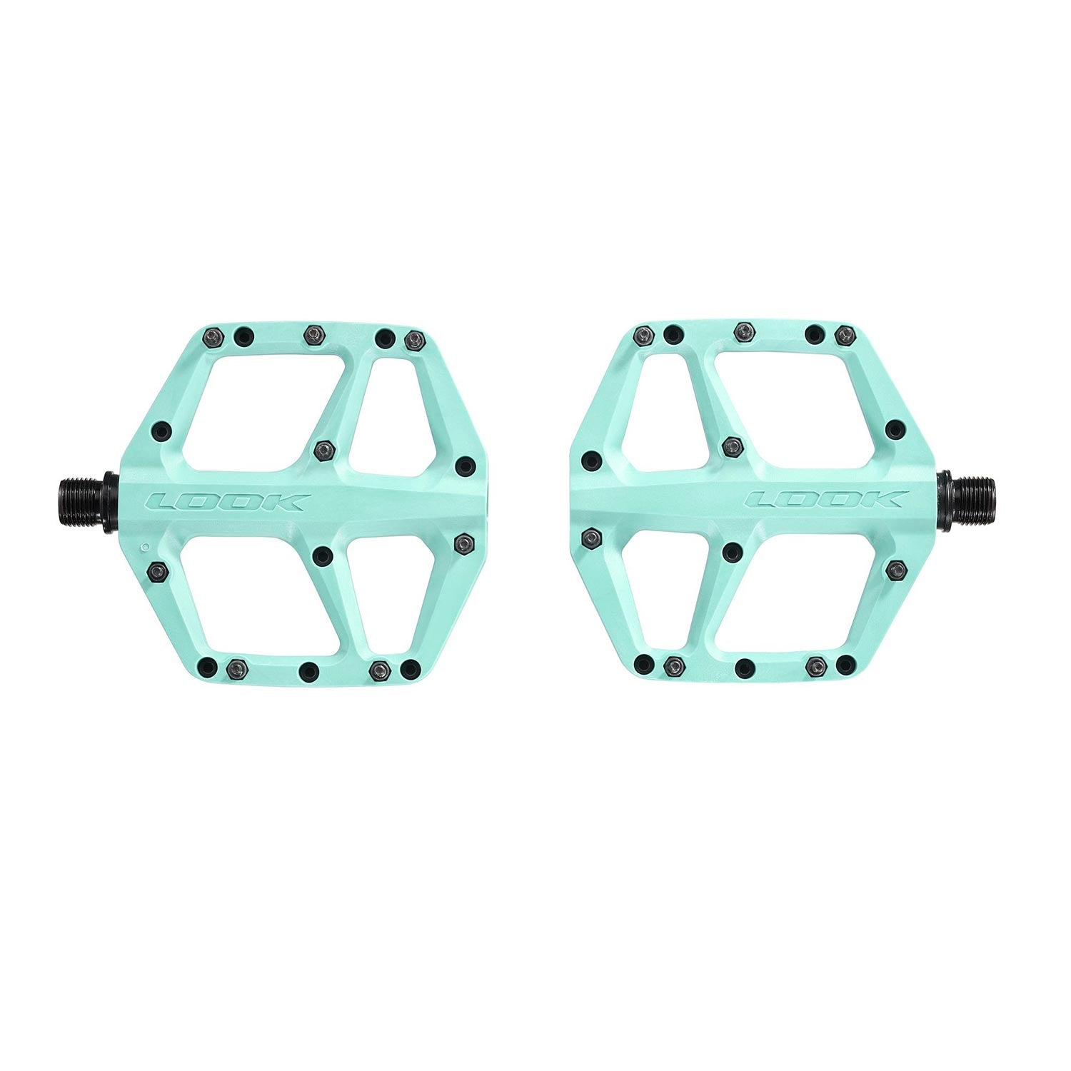 Look Trail Fusion flat pedals with replaceable pins for mountain bikes, featuring durable metal platform and grip-enhancing design.