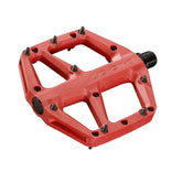 Look Trail Fusion flat mountain bike pedals with red color and replaceable pins, designed for durable mountain biking components.
