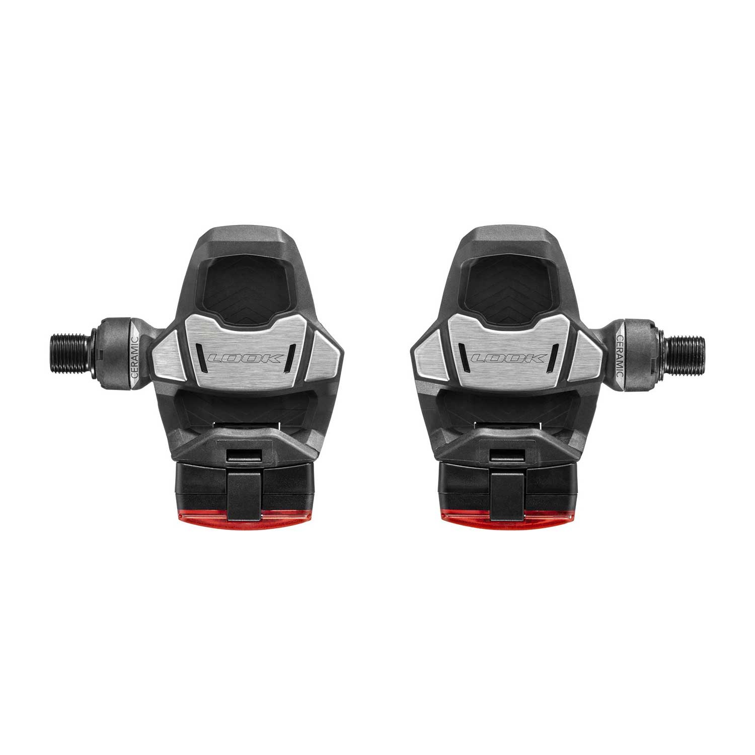 Look Keo Blade Ceramic 12 Vision road pedals with integrated safety lighting, showcasing sleek design and pedal cleat area.