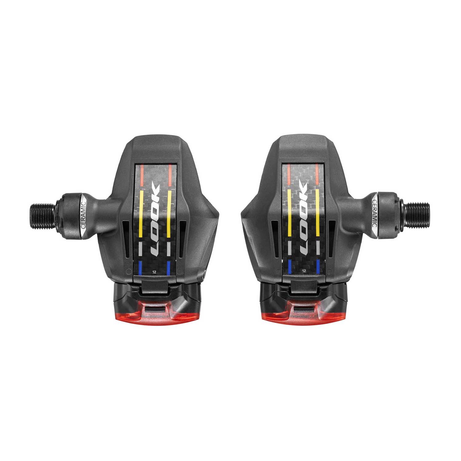Look Keo Blade Ceramic 12 Vision Road Pedals with integrated safety lighting, showing sleek black pedals with reflective features.