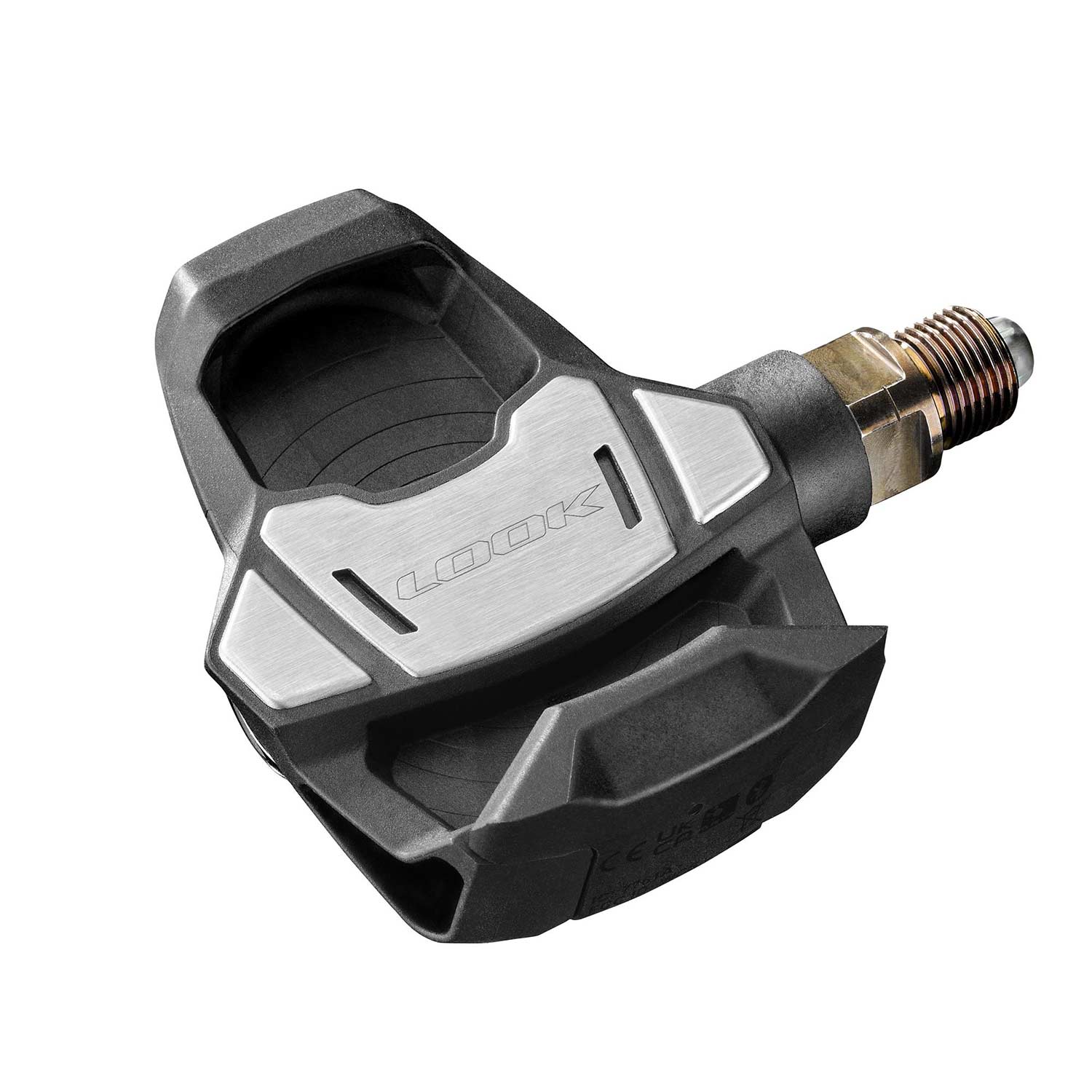 Look Keo Blade Power dual pedals with integrated power meter and Bluetooth connectivity, showing sleek black design and pedal details.