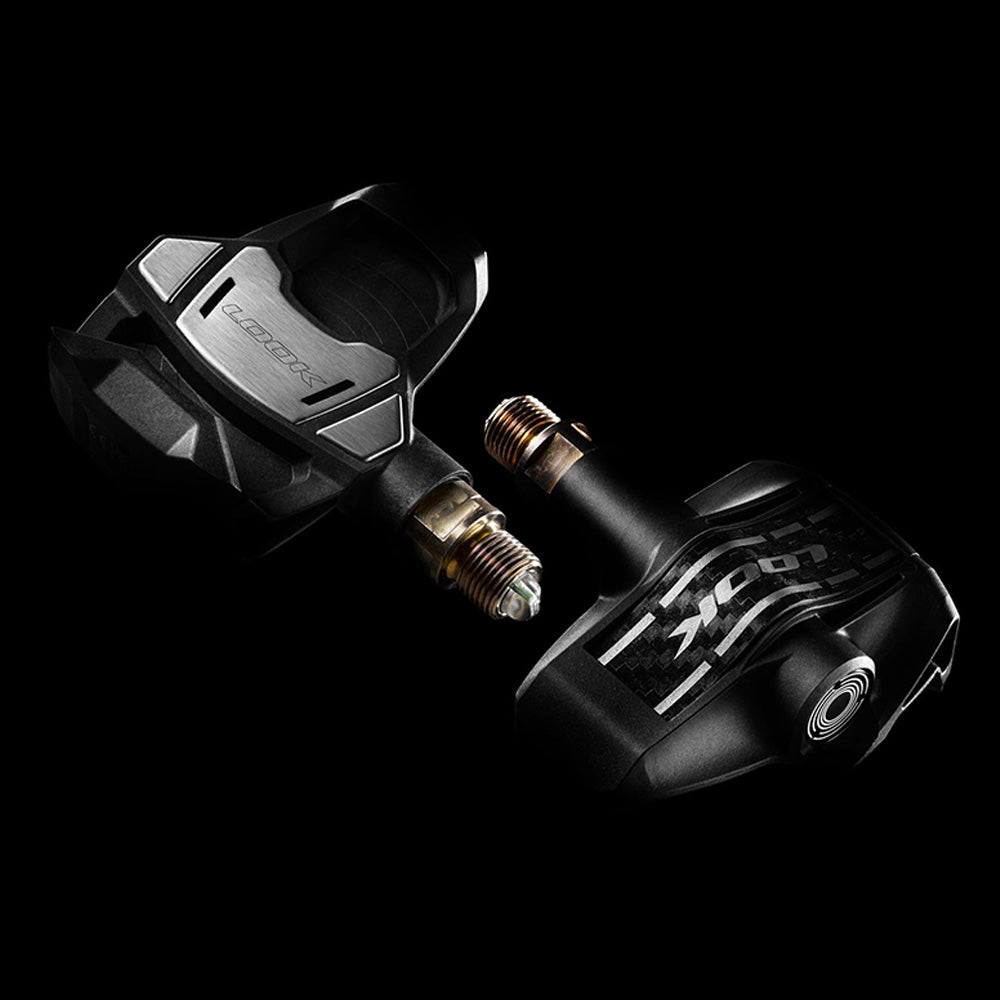 Look Keo Blade Power dual pedals with integrated power meter and Bluetooth connectivity, featuring sleek design and clipless pedal system.