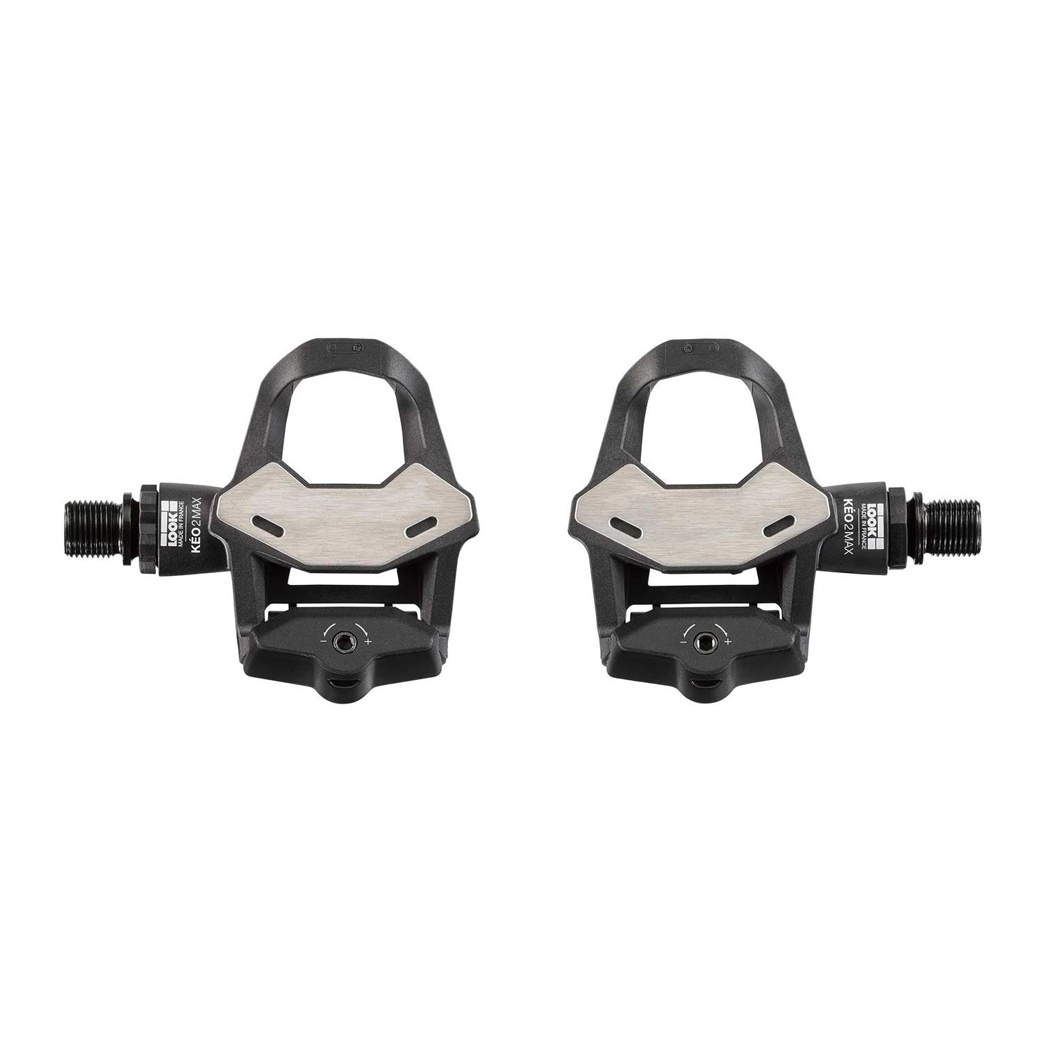 Look Keo 2 Max Black road cycling pedals with adjustable tension and wide platform, shown with cleats attached.