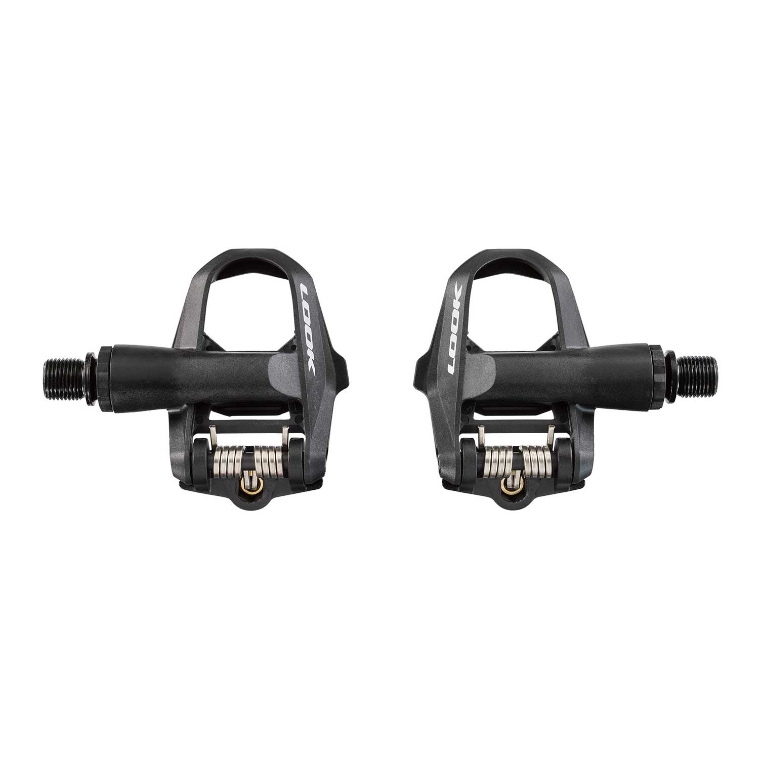 Look Keo 2 Max Black road cycling pedals with adjustable tension and wide platform, featuring sleek black design and clipless mechanism.
