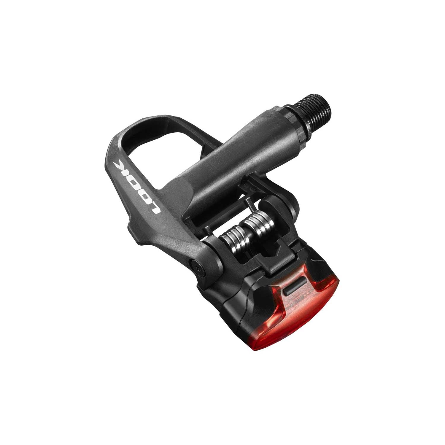 Look Keo 2 Max Vision Black cycling pedals with integrated safety lights and USB-C rechargeable system, showcasing sleek design.
