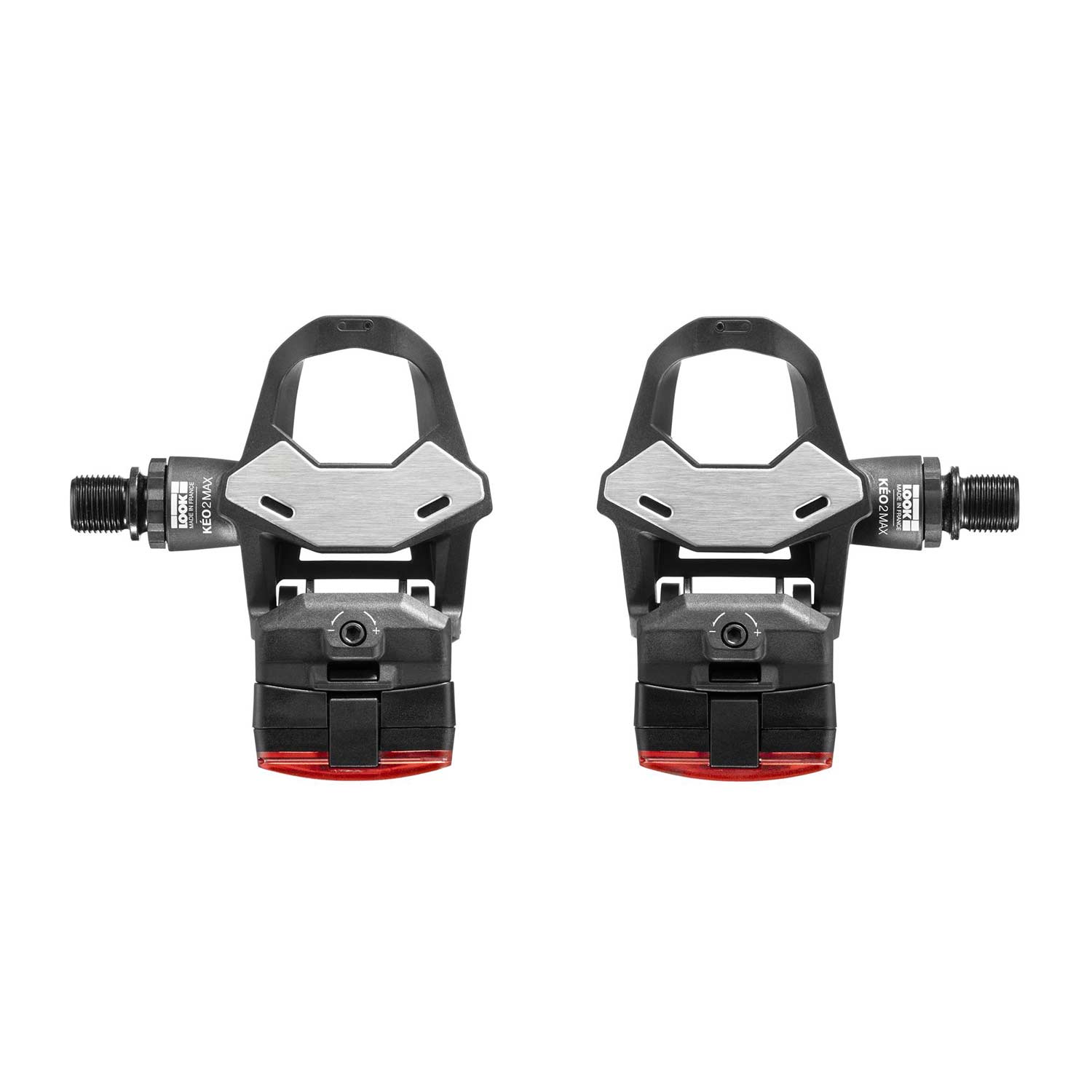 Look Keo 2 Max Vision Black pedals with integrated safety lights and USB-C rechargeable system, showing sleek design and clipless mechanism.