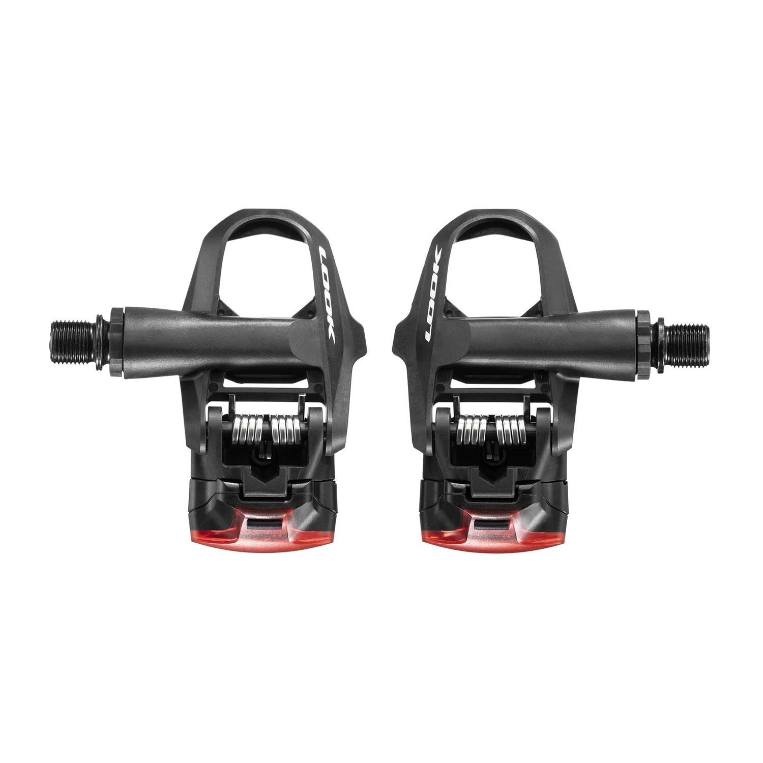 Look Keo 2 Max Vision Black bike pedals with integrated safety lights and USB-C rechargeable system, shown with cleats attached.