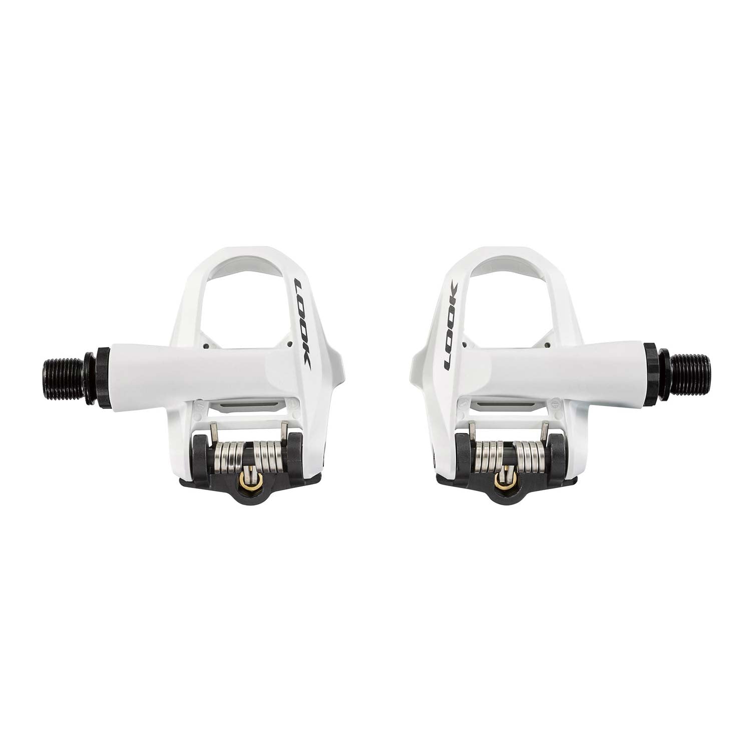 Look KEo 2 Max white road bike pedals with adjustable tension system, featuring durable components and sleek design.