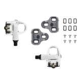 Look KEO 2 MAX white road bike pedals with adjustable tension system, showing the sleek design and pedal cleats.