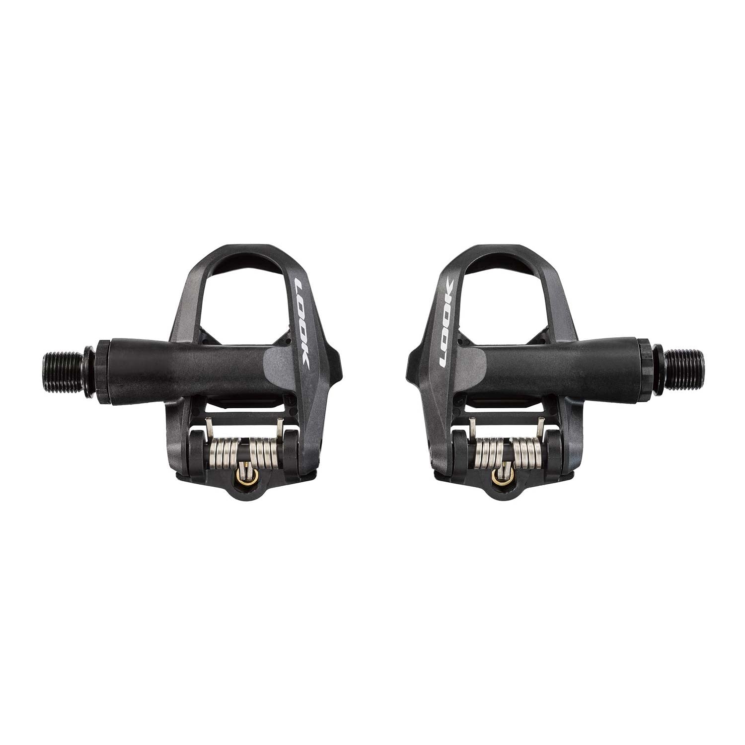 Look Keo 2 Max carbon road bike pedals with wide platform and adjustable tension, shown with cleats attached.