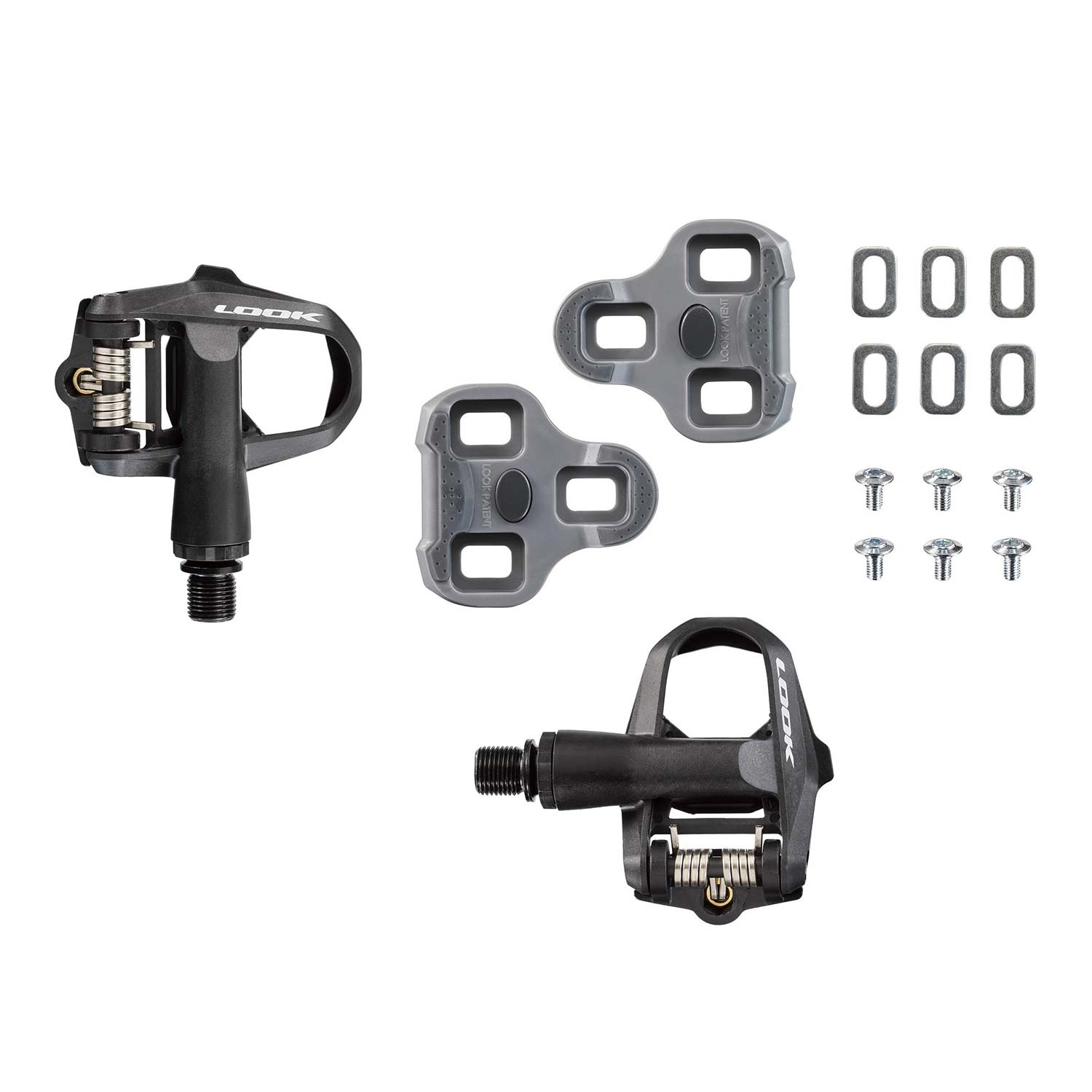 Look Keo 2 Max carbon road bike pedals with wide platform and adjustable tension, shown on a sleek bike component.