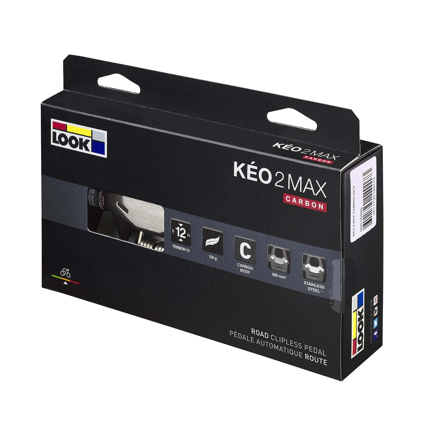 Look KEo 2 Max Carbon road bike pedals with wide platform and adjustable tension, designed for performance cycling.