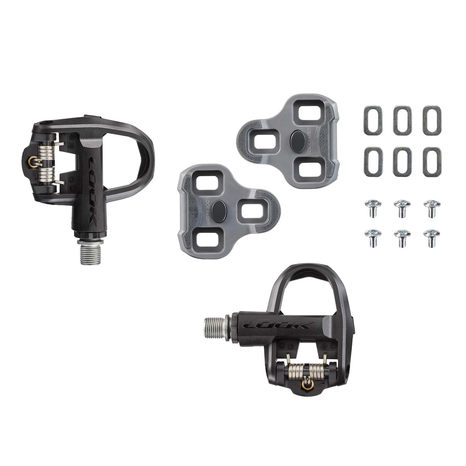 Look Keo Classic 3 bike pedals with adjustable tension and chromoly spindle, shown with a sleek black design and pedal cleats.