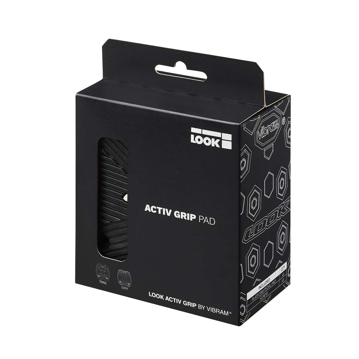 Look City Grip Pads for GEO City Pedals with ACTIV GRIP Technology by Vibram, showing textured black pedal components with grip features.
