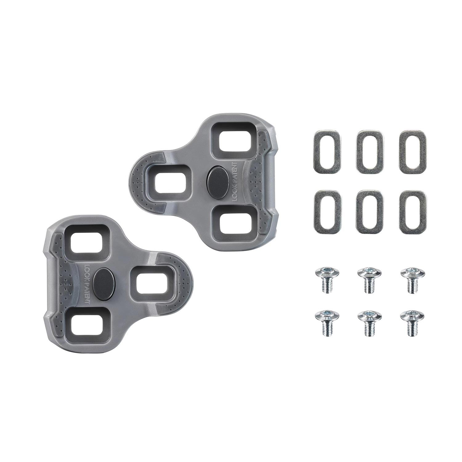 Look Keo Grip cleats with Silent Float technology for cycling, showing the textured surface and mounting hardware.