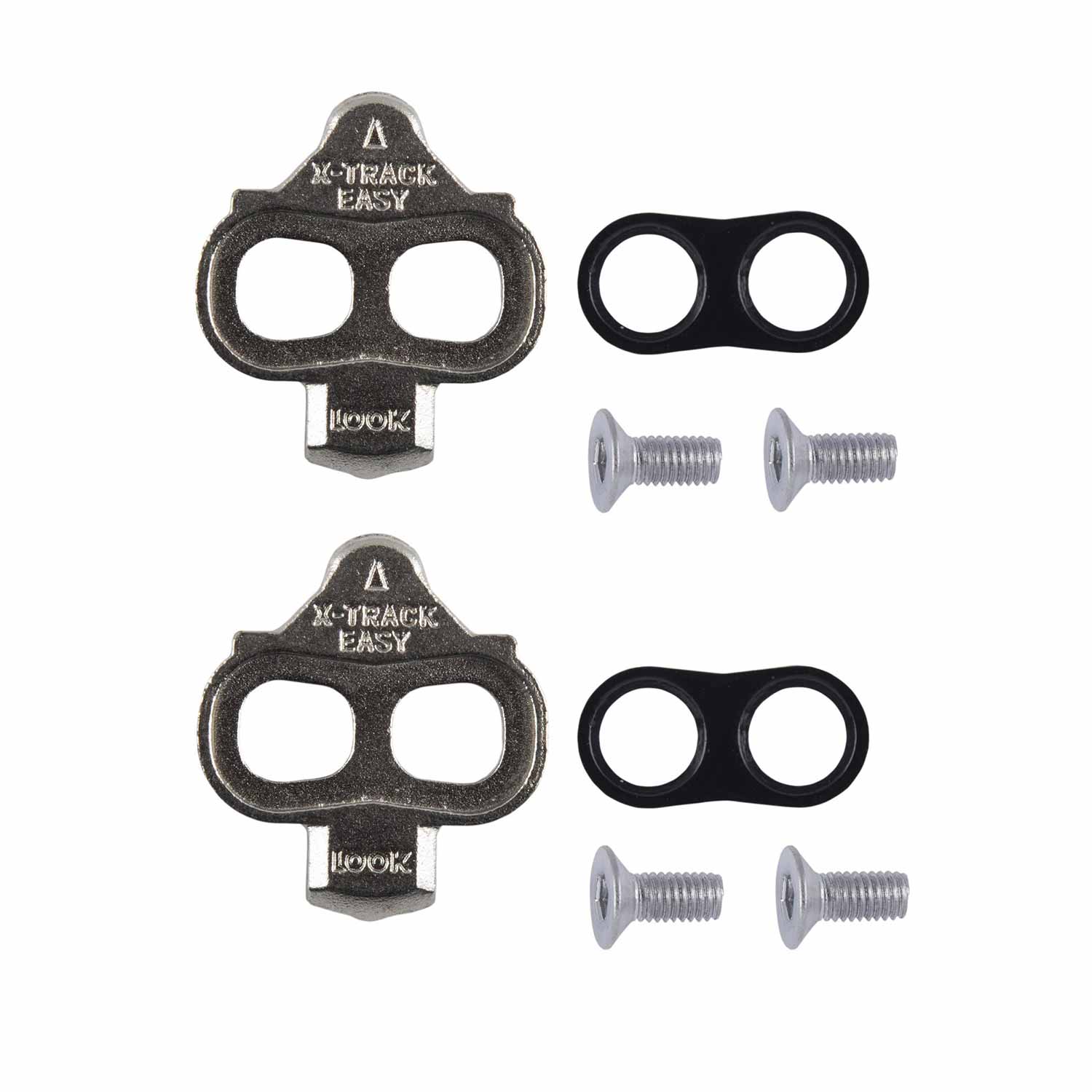 Look Cleat X-Track Easy mountain bike cleats for X-Track and Geo pedals, with black and silver design, shown attached to pedals.