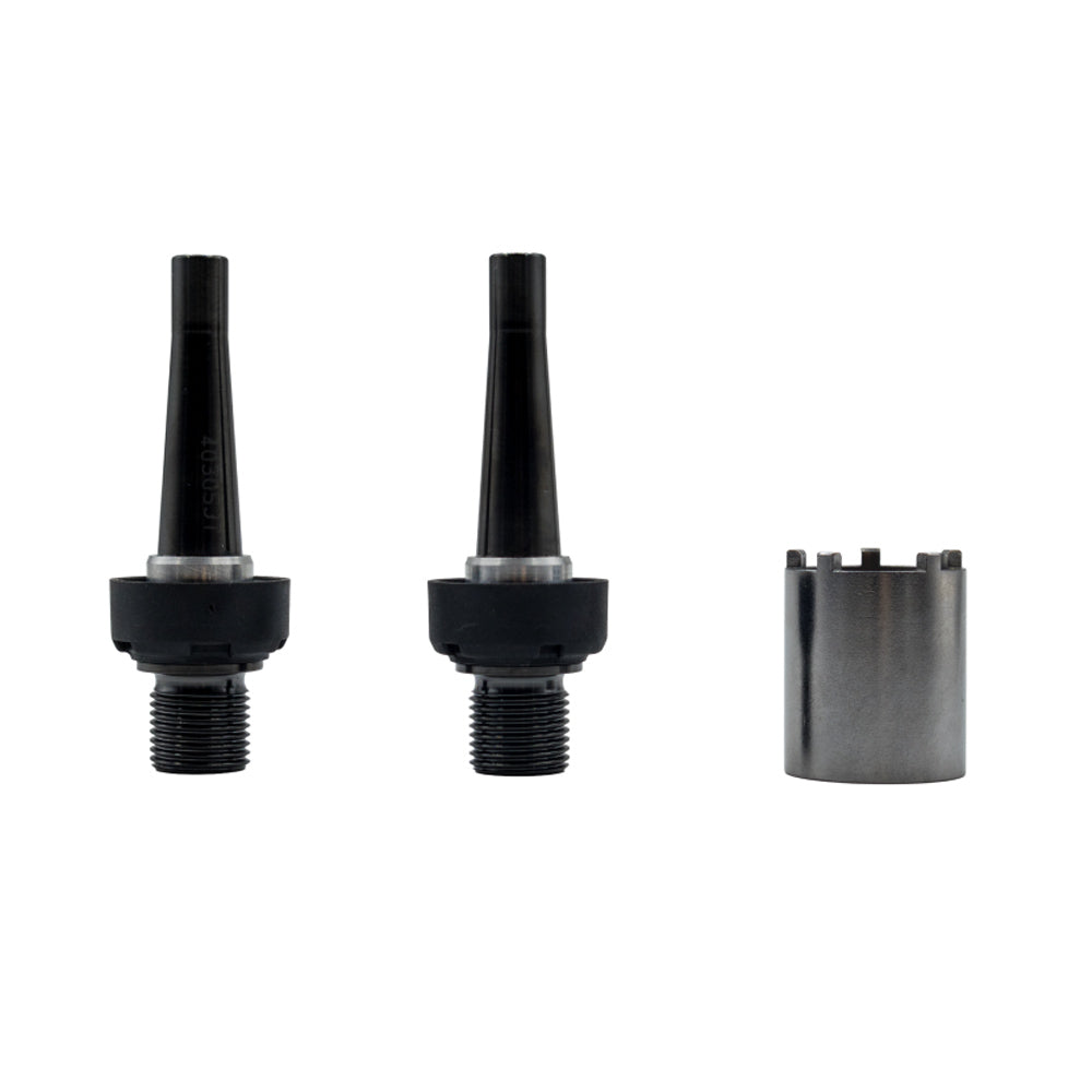 Look Keo Blade Titanium axle kit with bearings and installation tool for pedal maintenance, showcasing shiny titanium components and tools.