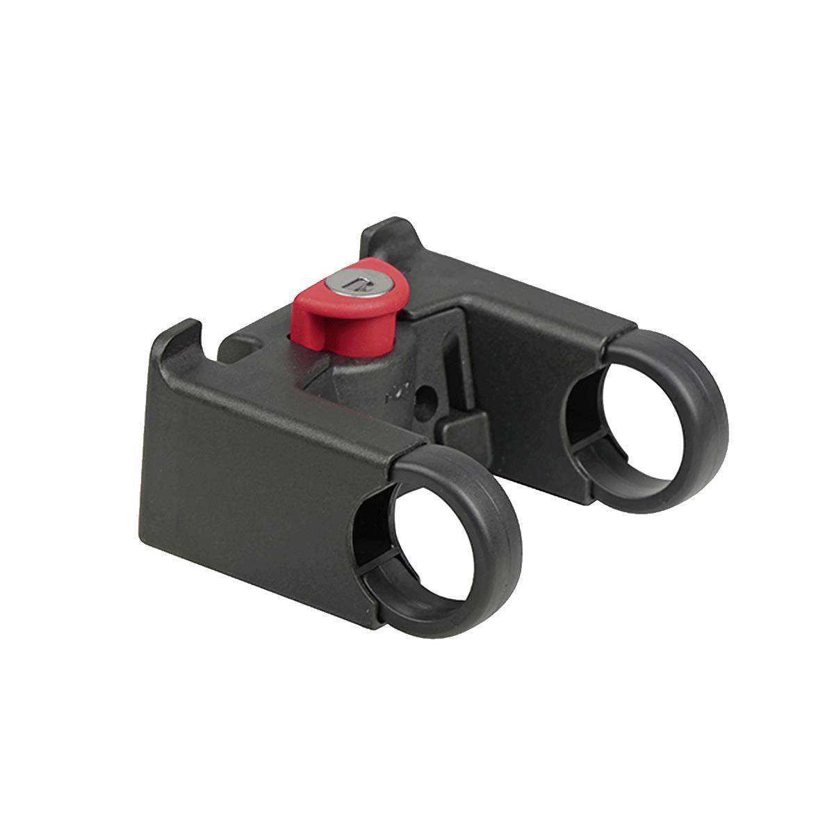 Rixen-Kaul KLICKfix security clamp with integrated lock for securing bike baskets and bags to bicycle handlebars.