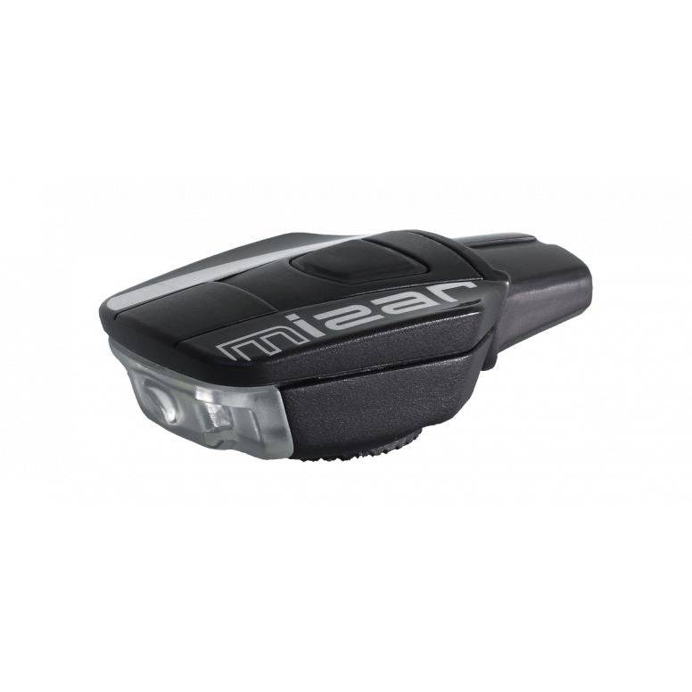 Moon Sport Mizar black front bike light with magnetic quick release and USB charging, mounted on a bicycle handlebar.
