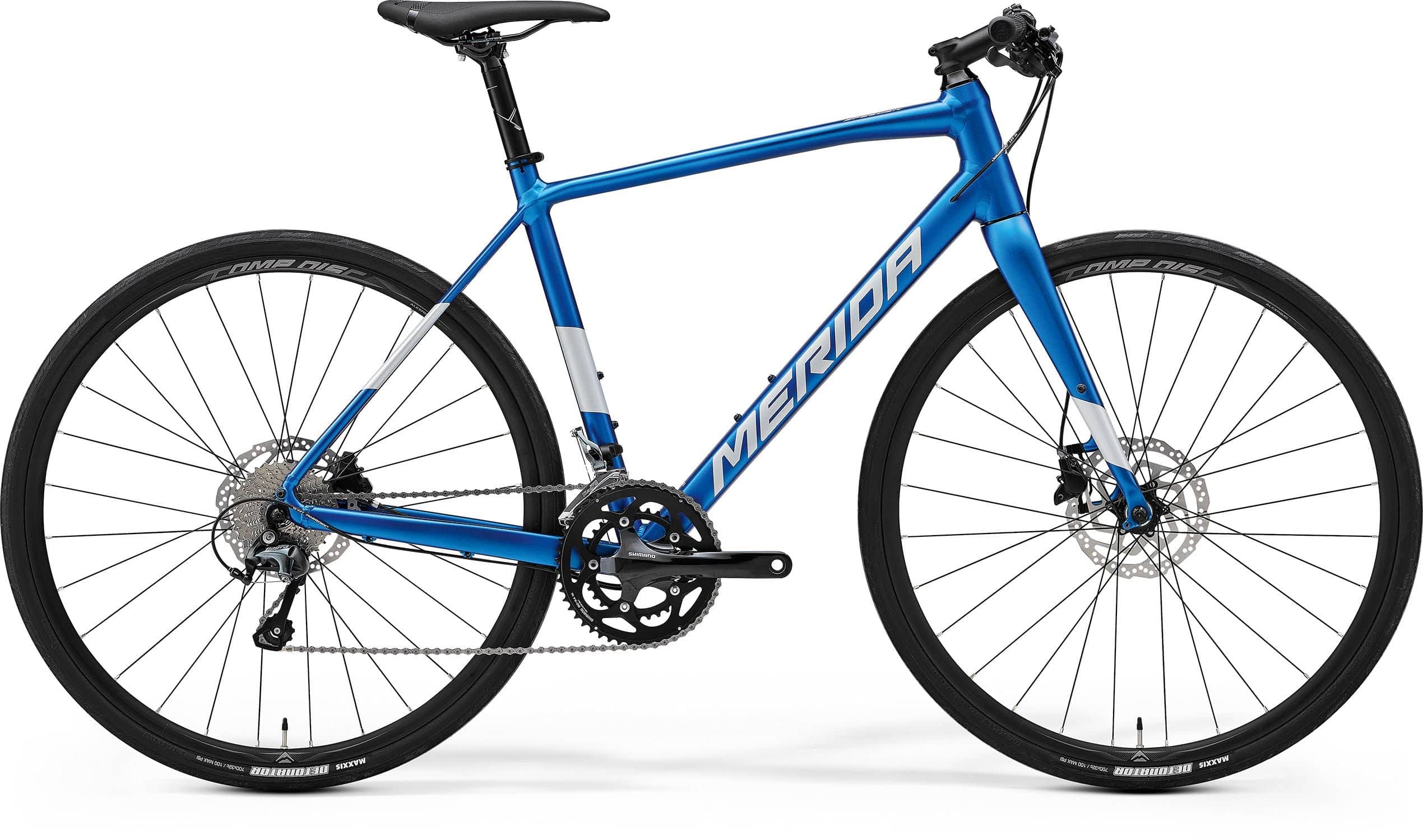 Merida Speeder 300 MY24 hybrid bike with hydraulic disc brakes in silk blue and dark silver, front view showing sleek frame and components.