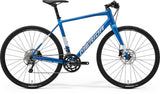 Merida Speeder 300 MY24 hybrid bike with hydraulic disc brakes in silk blue and dark silver, front view showing sleek frame and components.