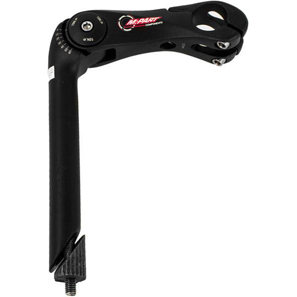 M Part adjustable 4-bolt quill stem for 1-inch threaded fork and 25.4mm handlebar, showing the metal stem with bolts and threading.