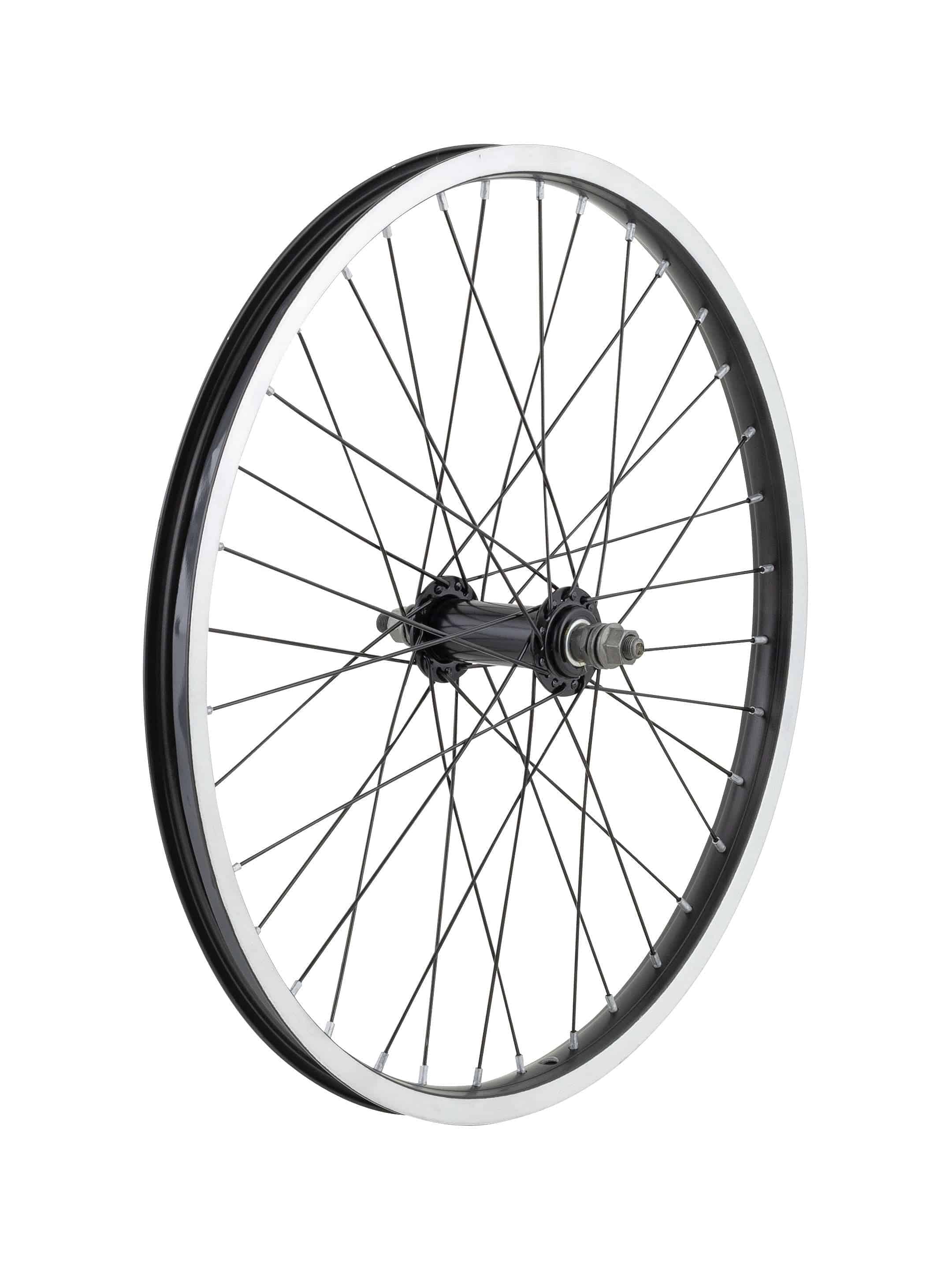 Black Trek Bontrager JYS01C 20-inch kids' mountain bike front wheel, no cassette, designed for MTB components.