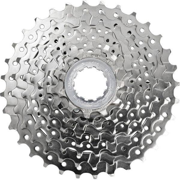 Shimano Claris CS-HG50 8-speed bike cassette with 11-28T gears, featuring Hyperglide for smooth shifting, mounted on a bike wheel.