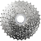 Shimano Claris CS-HG50 8-speed bike cassette with 11-28T gears, featuring Hyperglide for smooth shifting, mounted on a bike wheel.