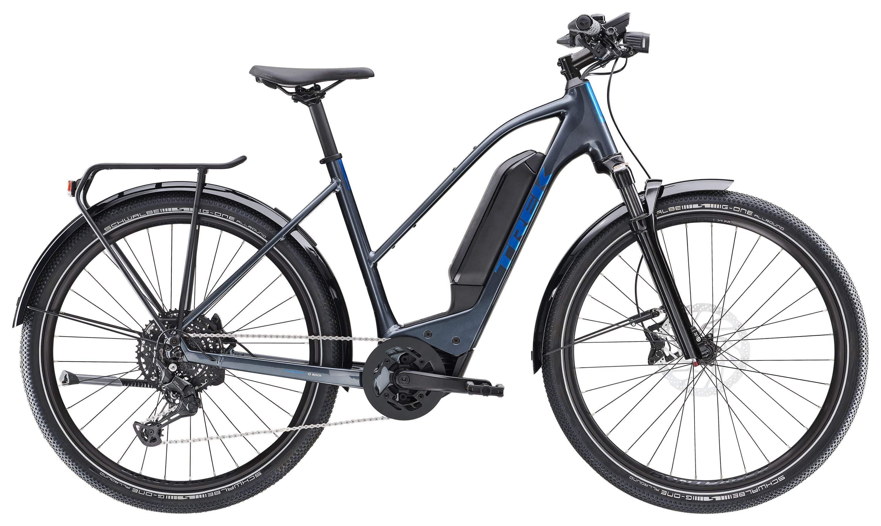 Trek Allant+ 6 Stagger 2025 women's electric hybrid bike for urban commuting, featuring a sleek frame and electric motor system.