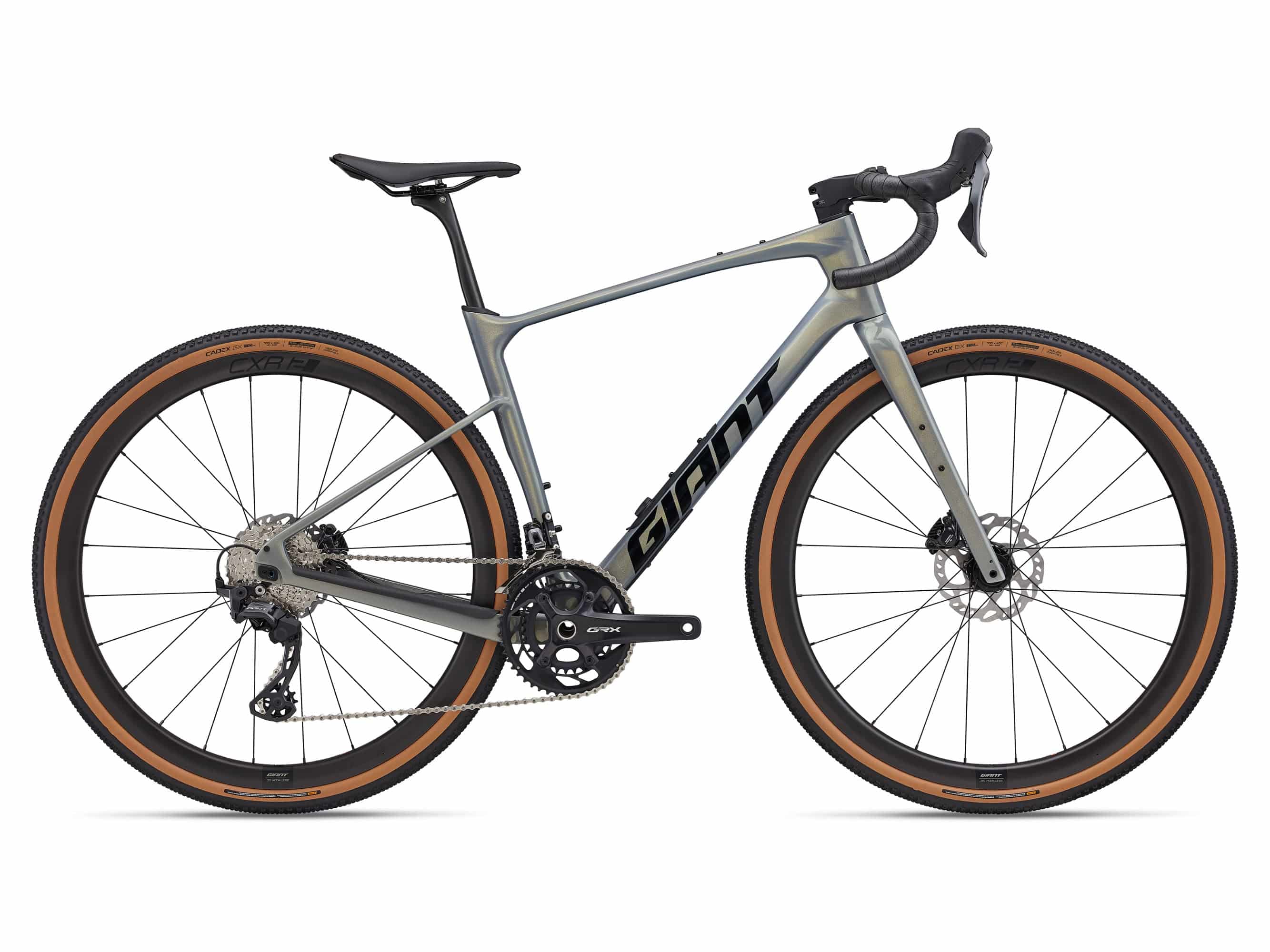 Giant Revolt Advanced 0 gravel bike with adjustable wheelbase and integrated storage, featuring a sleek frame and knobby tires.