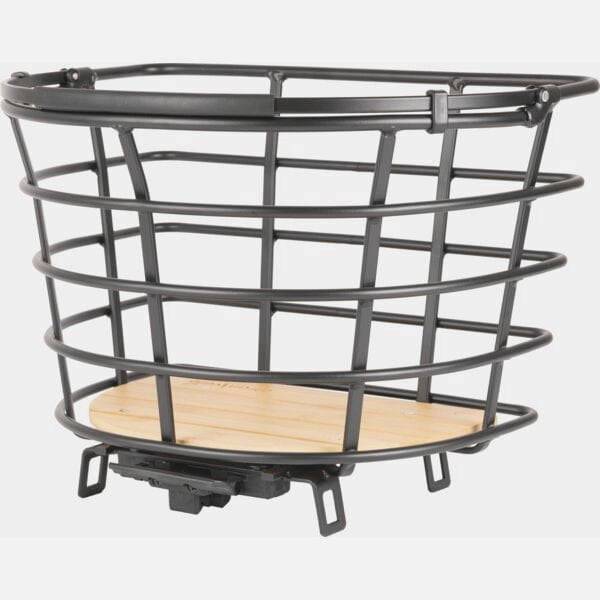 AtranVelo Epic Curve AVS bike basket with bamboo base and 24.5L capacity, mounted on a bicycle for carrying essentials.