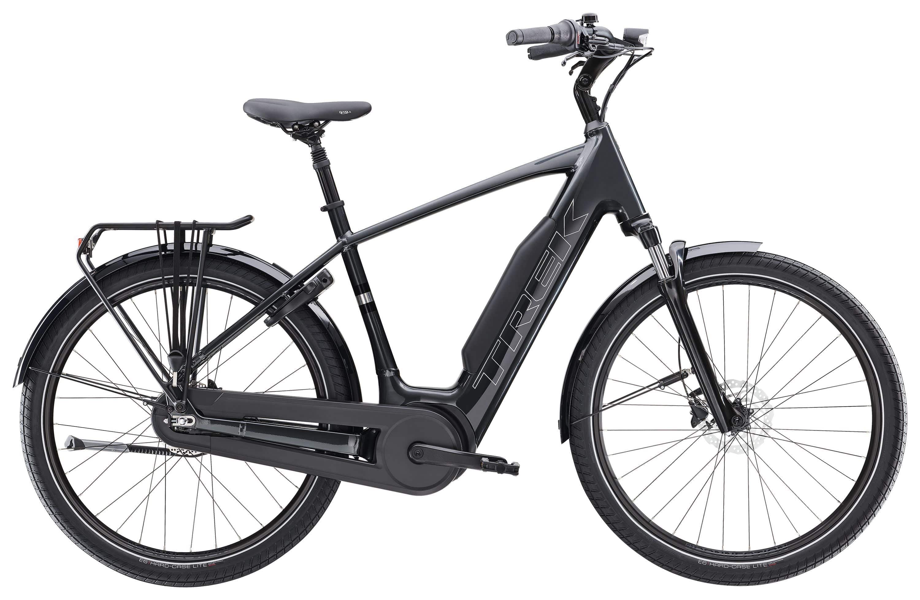 Trek District+ 3 2025 electric hybrid bike for urban commuting and leisure rides, shown with sleek frame and comfortable design.