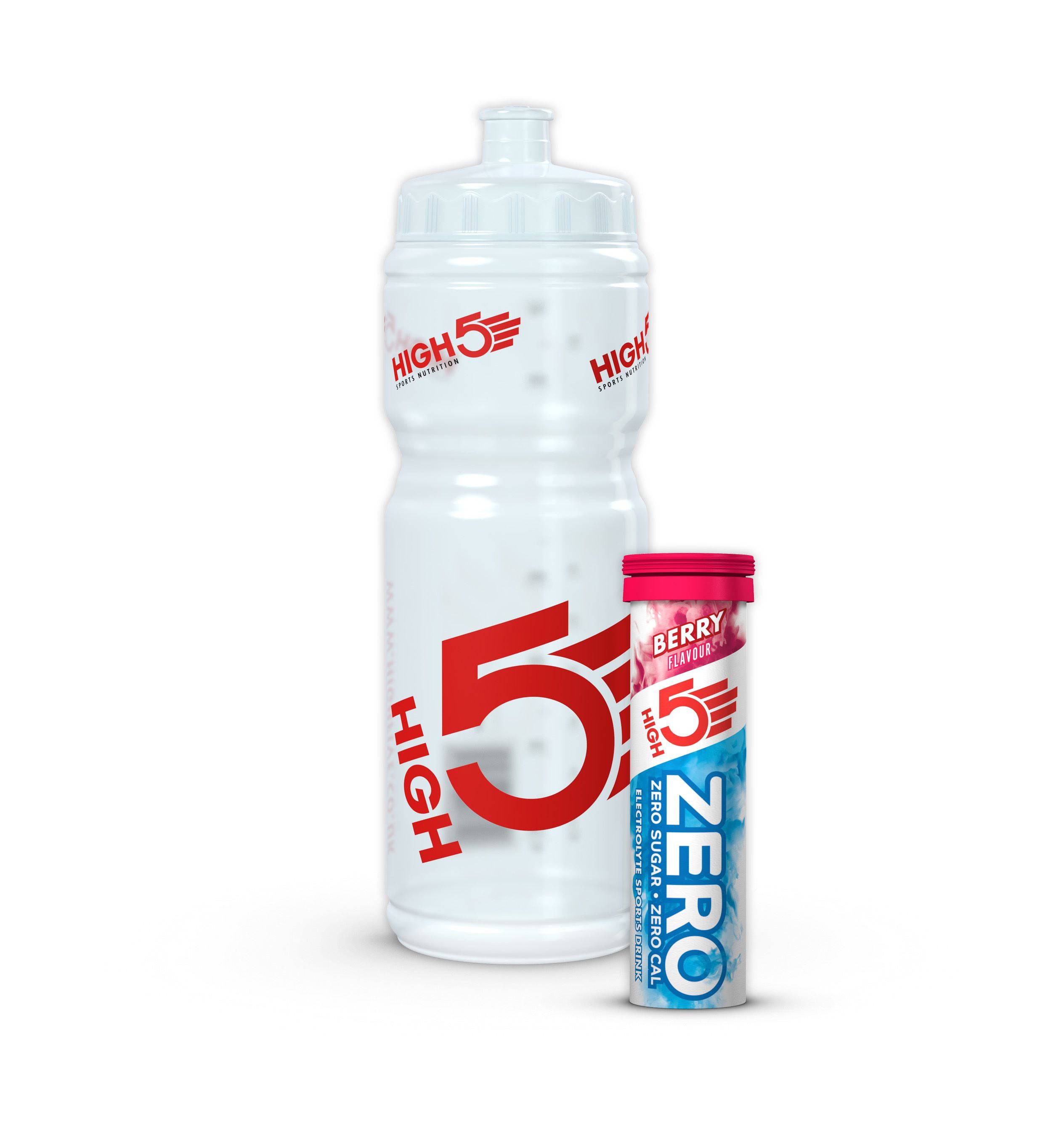 High5 750ml drinks bottle with berry-flavored electrolyte tabs, reusable sports accessory for hydration and electrolyte replenishment.