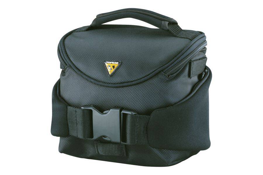 Topeak Tourguide Compact Bar Bag in black with QuickClick bracket and rain cover, designed for bike accessories.