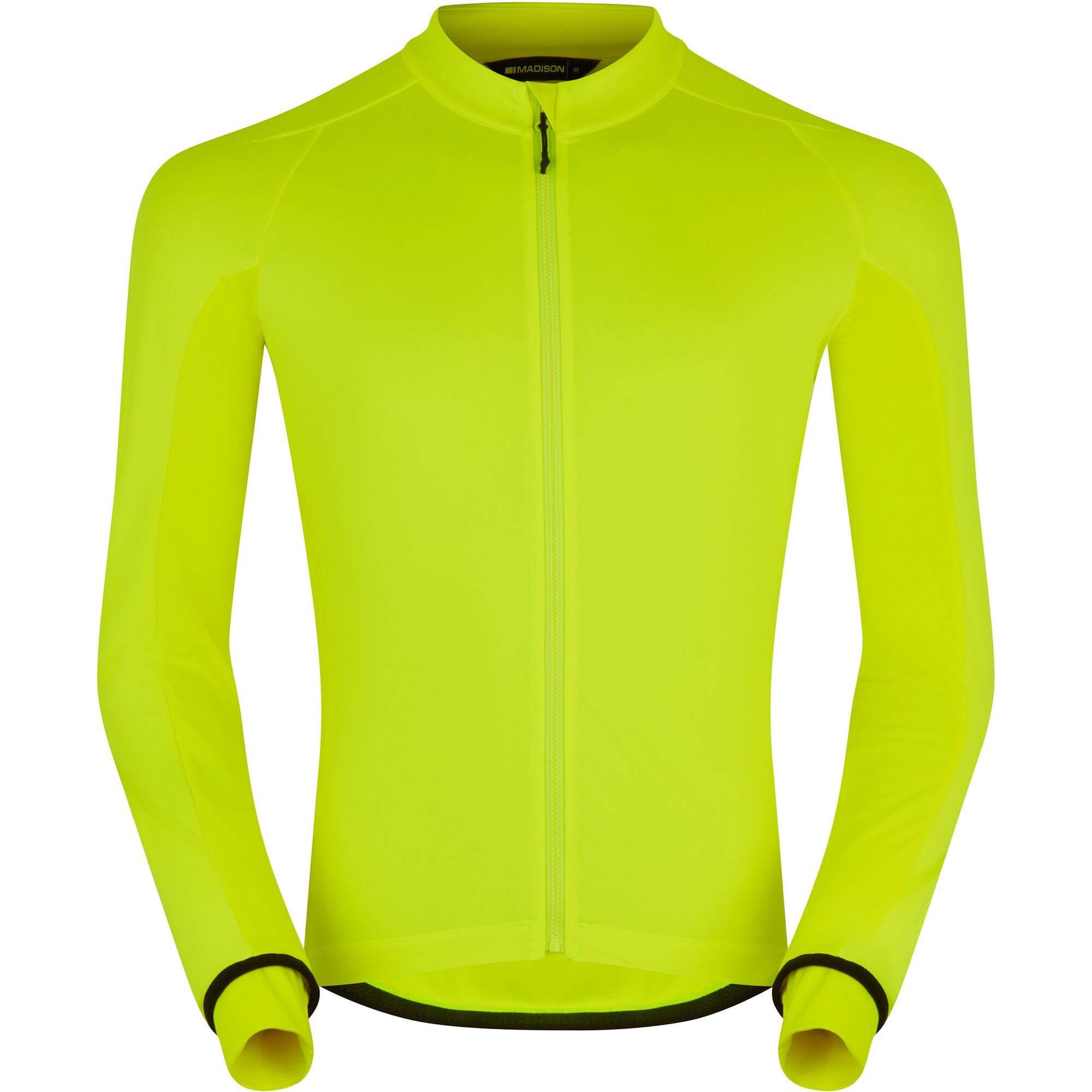 Madison DTE men's thermal cycling jacket with long sleeves, drop tail, and front pockets for outdoor riding comfort.