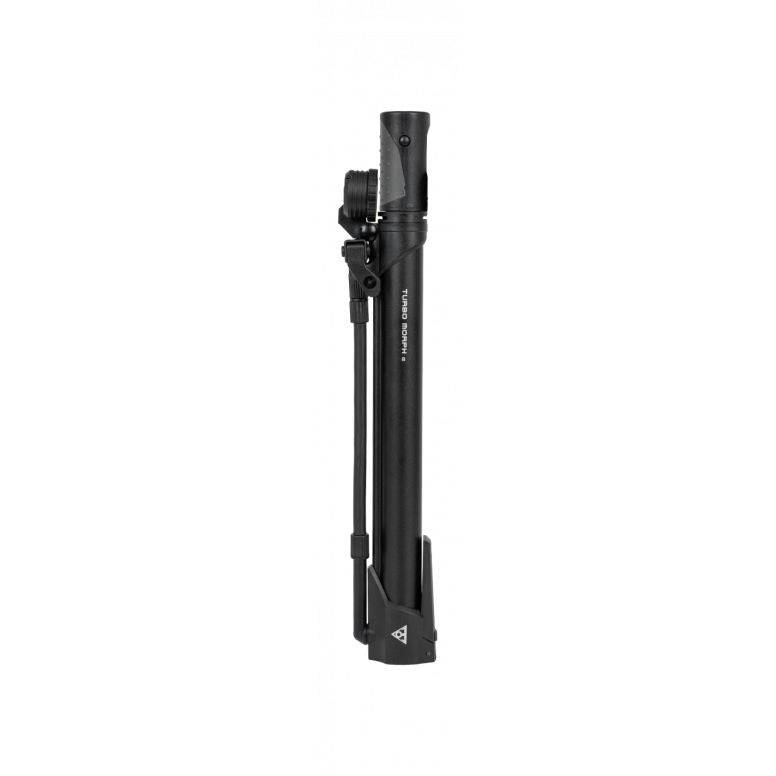 Topeak Turbo Morph bike pump with gauge in black, compatible with Presta, Schrader, and Dunlop valves, shown with attached hose and gauge