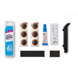 Weldtite puncture repair kit with feather-edge patches, tyre levers, and repair solution for bike tyres, workshop use