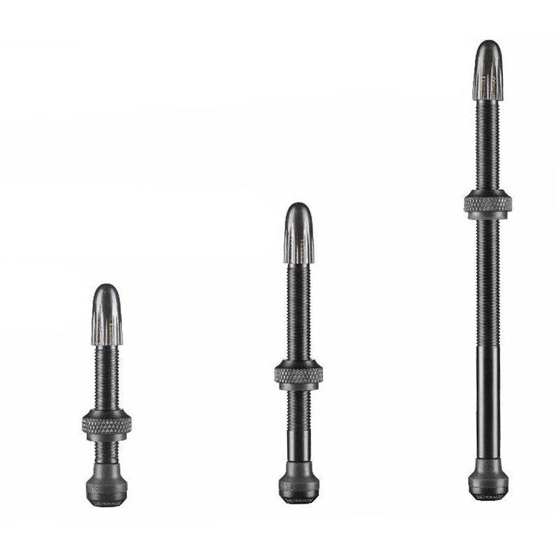 Schwalbe tubeless bike valve stems in 40mm, 60mm, and 100mm lengths, durable components for seamless tubeless tire setups.